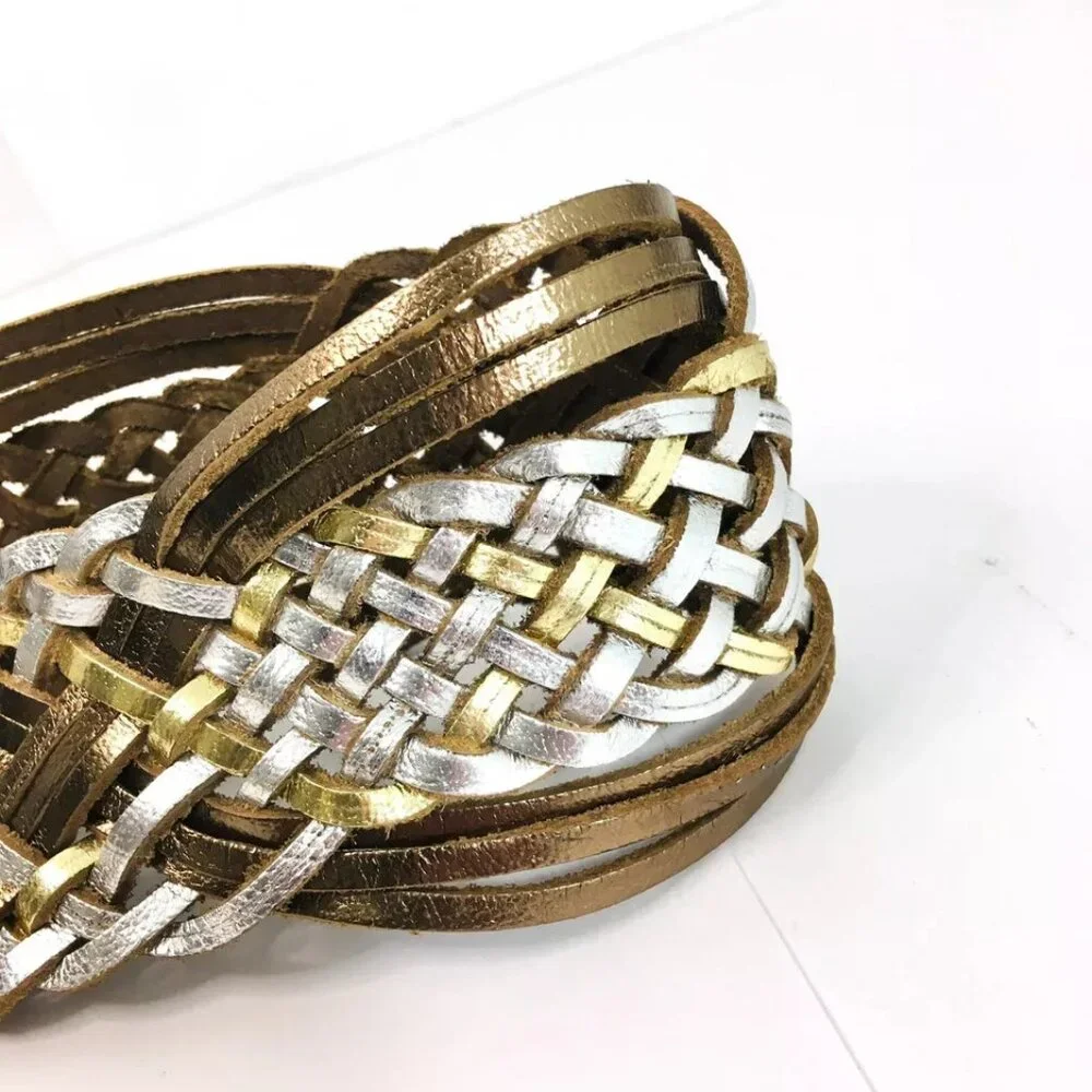 Metallic Silver Gold Braided Leather Sz S Belt 36” Large Metal Medallion Closure